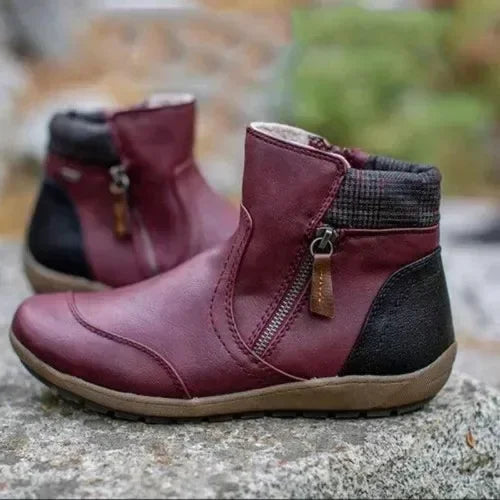 Botas cortas de invierno de moda retro de cuero con parches, cómodas, de suela plana con cremallera, zapatos de mujer de talla grande
