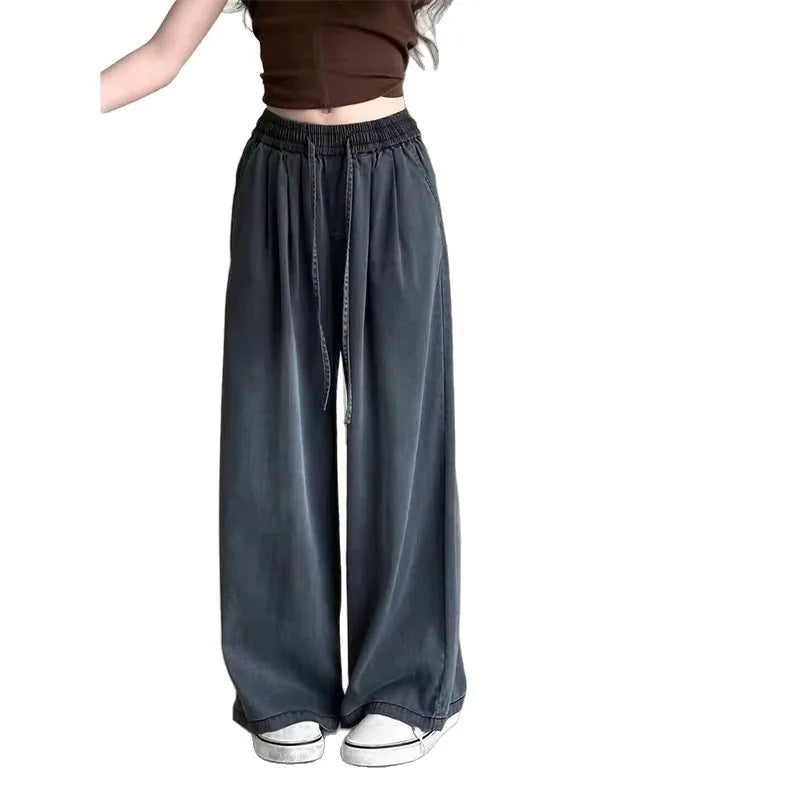 Hot sales Girls Summer Thin Jeans 2025 New Style Lyocell Cotton Straight Leg Jeans Big Kids Wide Leg Long Trousers