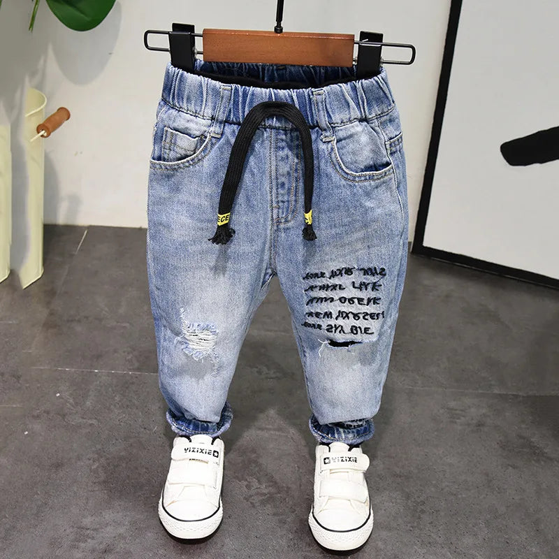 Pantalones vaqueros para niñas de 1 a 7 años, informales, con agujeros y estampado de gato de dibujos animados, para primavera y otoño
