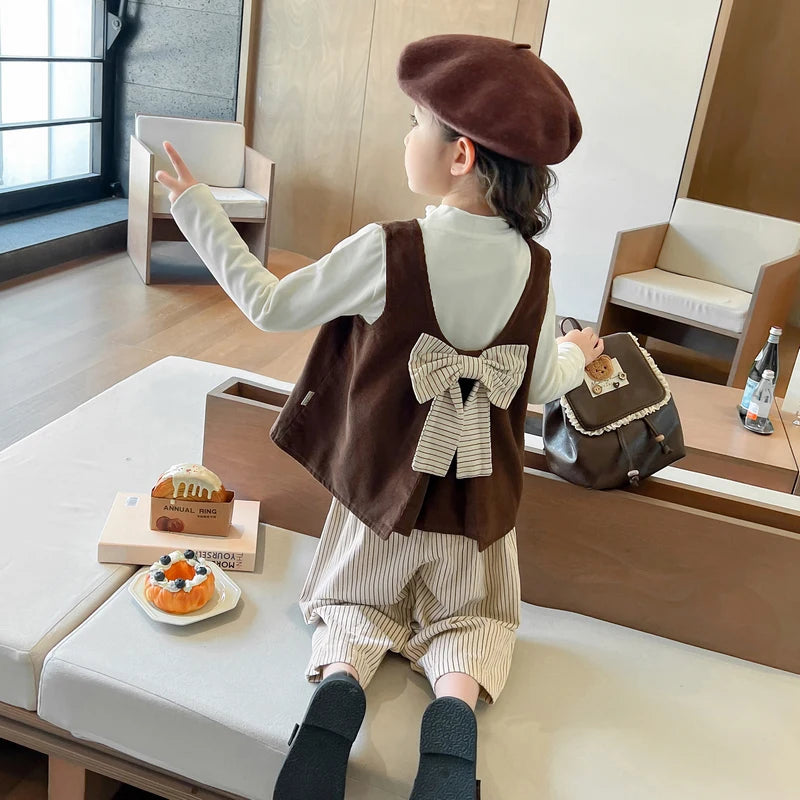 Girls Autumn Spring Clothing Set Fashion Children's Bow Tie Vest + Undershirt + Wide-Leg Pants Three-Piece Set 2025 New