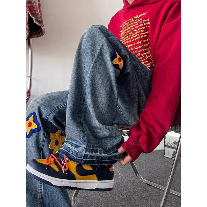 Autumn Y2K Vintage Flower Embroidery Jeans For Men Hip Hop Fashion Baggy Denim Pants Women's Streetwear Blue Straight Jean