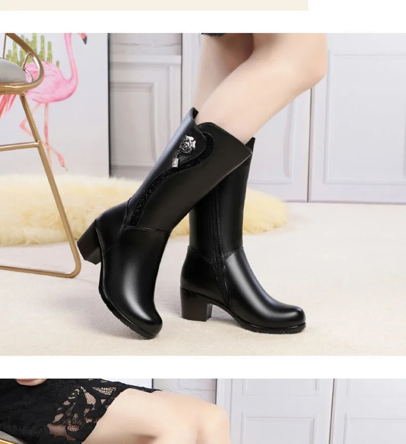 Winter Women's Boots Plush Warm Snow Boots Fashion Mid-calf High Heel Boots for Women High-quality Leather Boot Botas Mujer