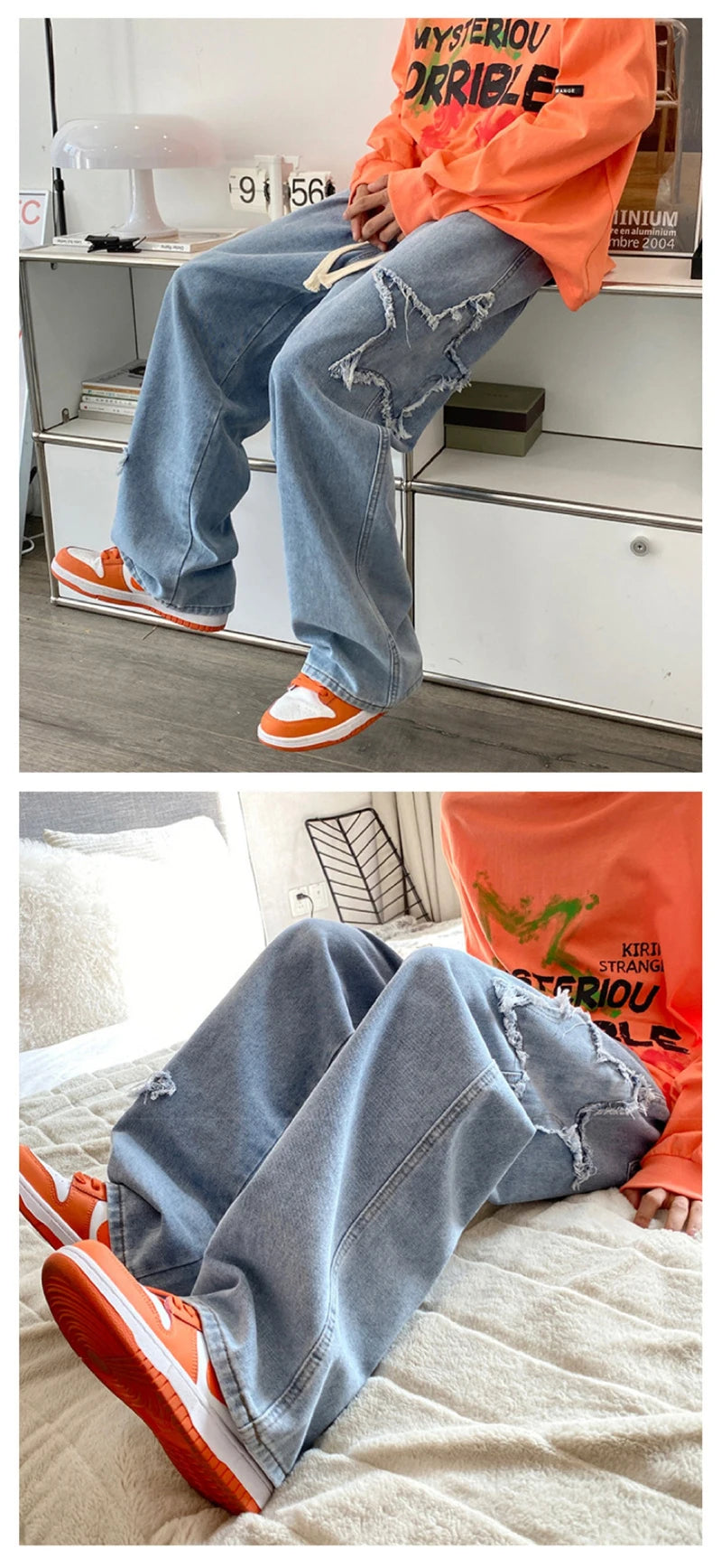 American Retro Star Embroidery Jeans Men's Baggy Hip Hop Fashion Denim Pants 2025 New Casual Y2K Streetwear Straight Trouser