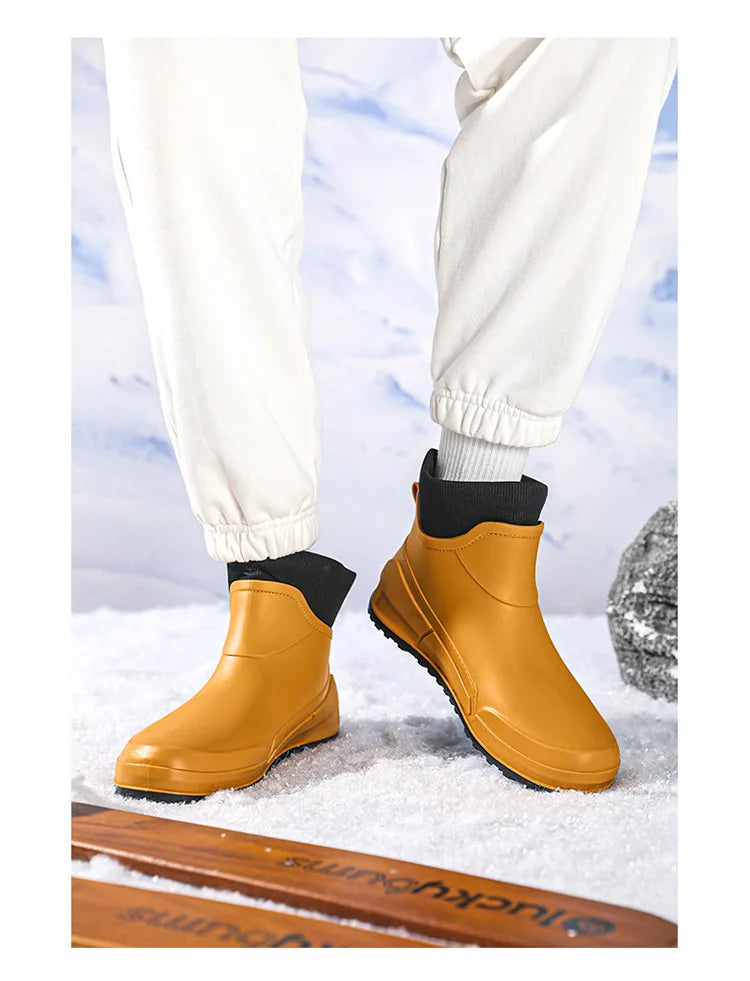 Waterproof Ankle Rain Boots for Men Chef Kitchen Fleece-lined Man Shoes Work Fashion Rainy Day Non-slip Garden Fishing Wellies