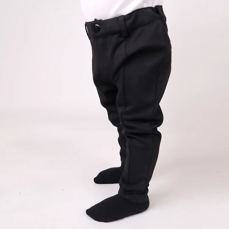 Pantalones largos negros para niños, para todas las estaciones, con cintura elástica alta, a la moda, ropa de verano para niños, con cremallera frontal y abertura.