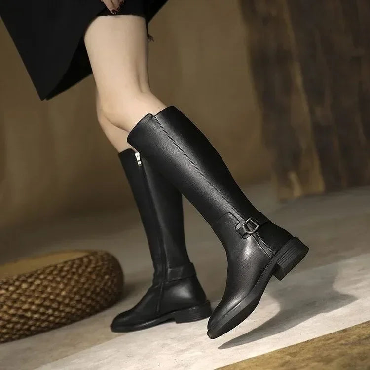 New Pu Leather Knee Boots Shoes for Women Buckle Metal Decoration Fashion Outdoor Ladies Footwear Size 34-41 Long Black Botas