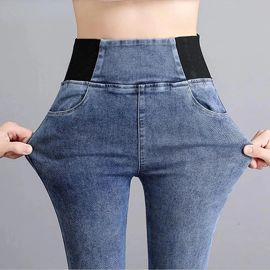 Pantalones vaqueros ajustados con cintura elástica de talla grande 38 para mujer, pantalones vaqueros ajustados de primavera, pantalones vaqueros vintage tipo lápiz, pantalones de mamá para mujer