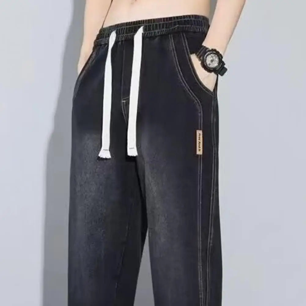 Men Elasticated Waist Jeans Men's Elastic Waist Drawstring Denim Pants Casual Straight Leg Jeans with for Summer for Comfort