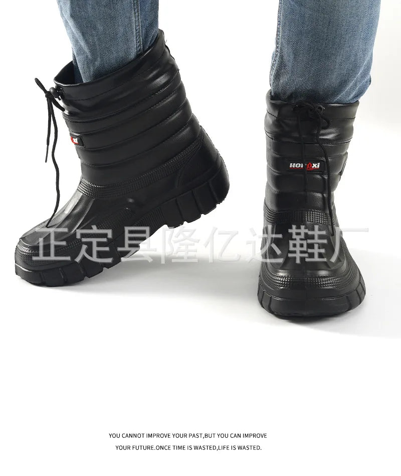 Winter Rain Boots Men Windproof Work Shoes Ankle EVA Rainboots Plush Warm Lightweight Black Slip On Anti-slip Wear-resistant