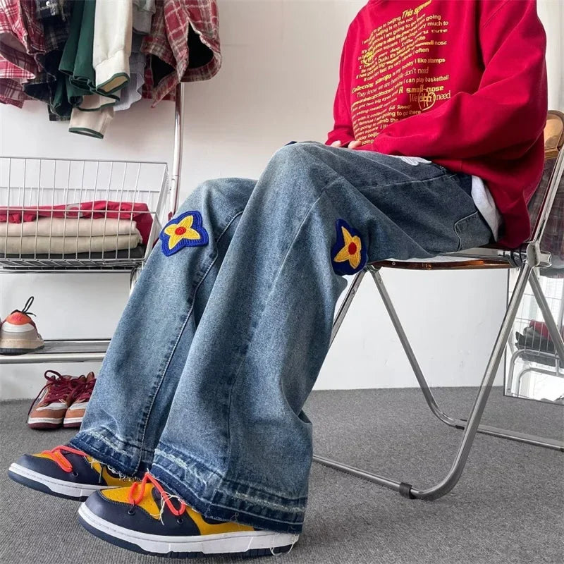 Autumn Y2K Vintage Flower Embroidery Jeans For Men Hip Hop Fashion Baggy Denim Pants Women's Streetwear Blue Straight Jean