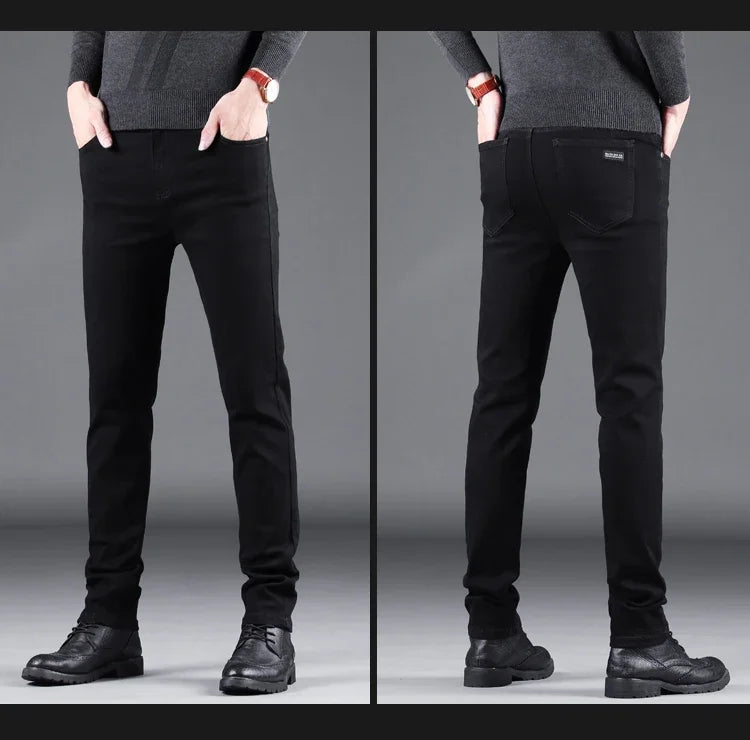 Pantalones vaqueros ajustados negros puros para hombre, pantalones rectos elásticos, moda de negocios, pantalones vaqueros vintage coreanos para hombre, primavera y otoño