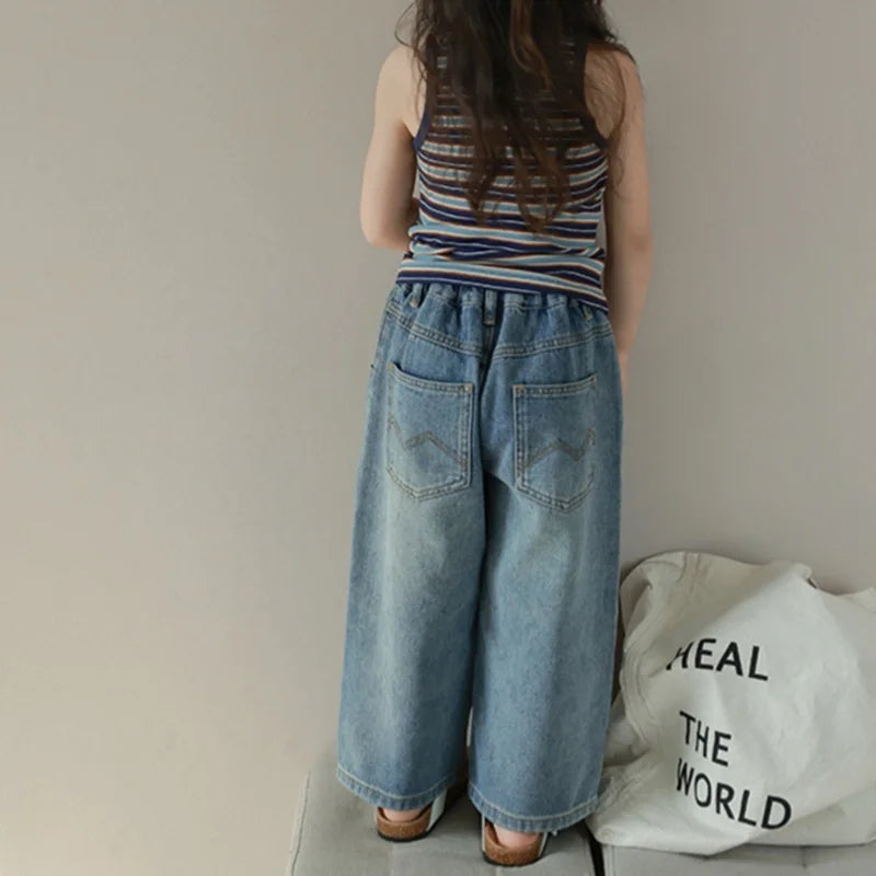 Pantalones vaqueros de cintura alta y pierna ancha para niñas de 3 a 8 años, lisos, con múltiples bolsillos y cintura elástica, pantalones vaqueros casuales de moda para niños.
