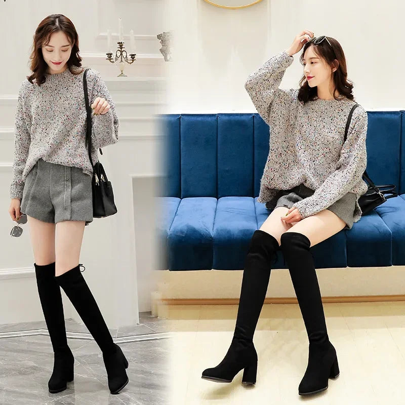 Botas largas elásticas de ante sintético para mujer, botas por encima de la rodilla, zapatos casuales negros sexis con plataforma para discoteca, botas de otoño para mujer