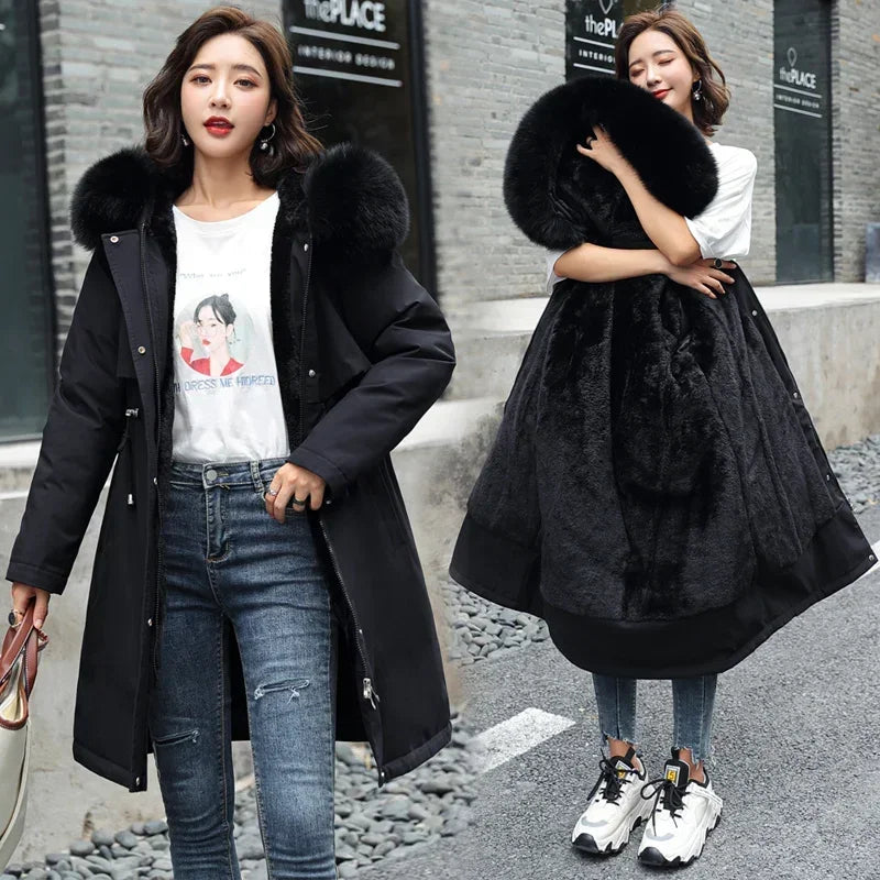 Cotton Liner Parker Women Long Coat Parka Coats Adjustable Waist Fur Collar Winter Jacket Coat Medium Long Hooded Parka Jackets