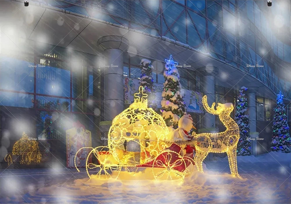Christmas Reindeer Sleigh Painting Banner Night Elk Lights Christmas Party Photo Home Decoration Photography Background Studio