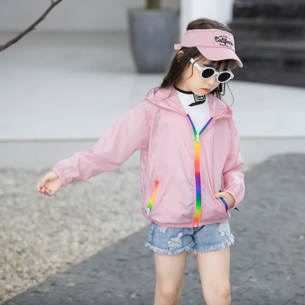 Children's Summer Thin Sun-protective Jacket Boys Girls Breathable Hooded Zipper Solid Lightweight Coat Jackets Clothing