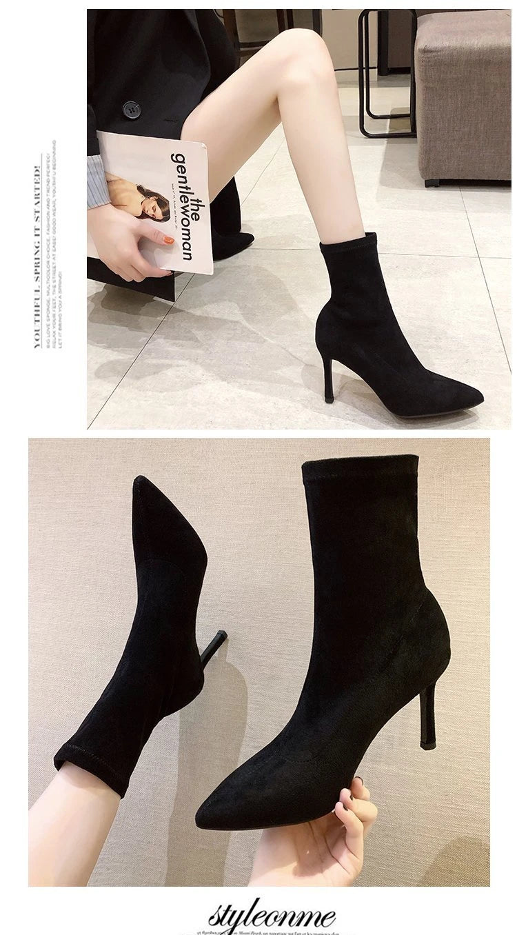 5/7/9CM Luxury Women Black Flock Sock Boots Stiletto Thin High Heels Elastic Knitting Boots Winter Stretch Fabric Ankle Boots