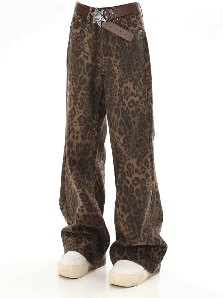 Baggy Leopard Jeans Coquette y2k clothes Women High Waisted Casual Wide Leg Denim Pants Fashion Streetwear Retro Straight Jeans