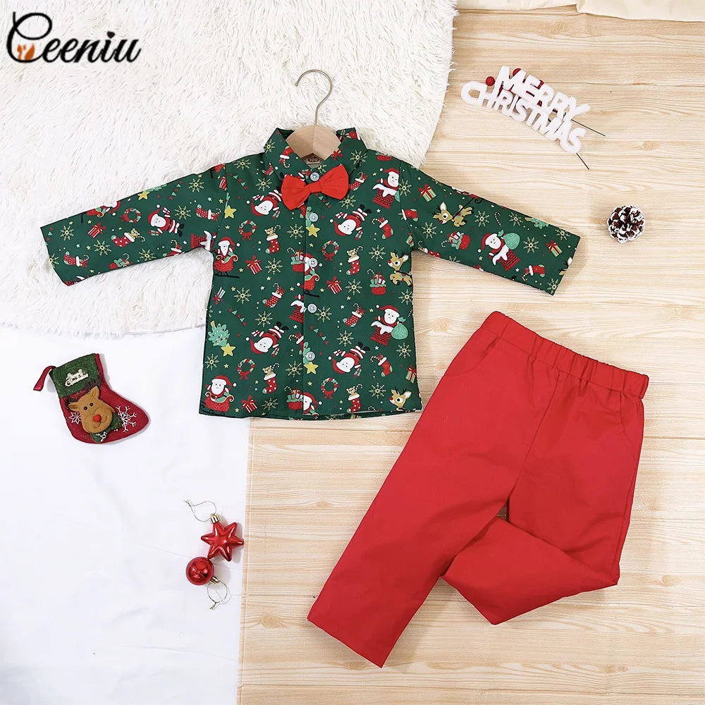 Ceeniu 1-5Y New Year Costume For Boy Christmas Outfit Santa Deer Printed Necktie Shirts and Red Pants Children Christmas Clothes