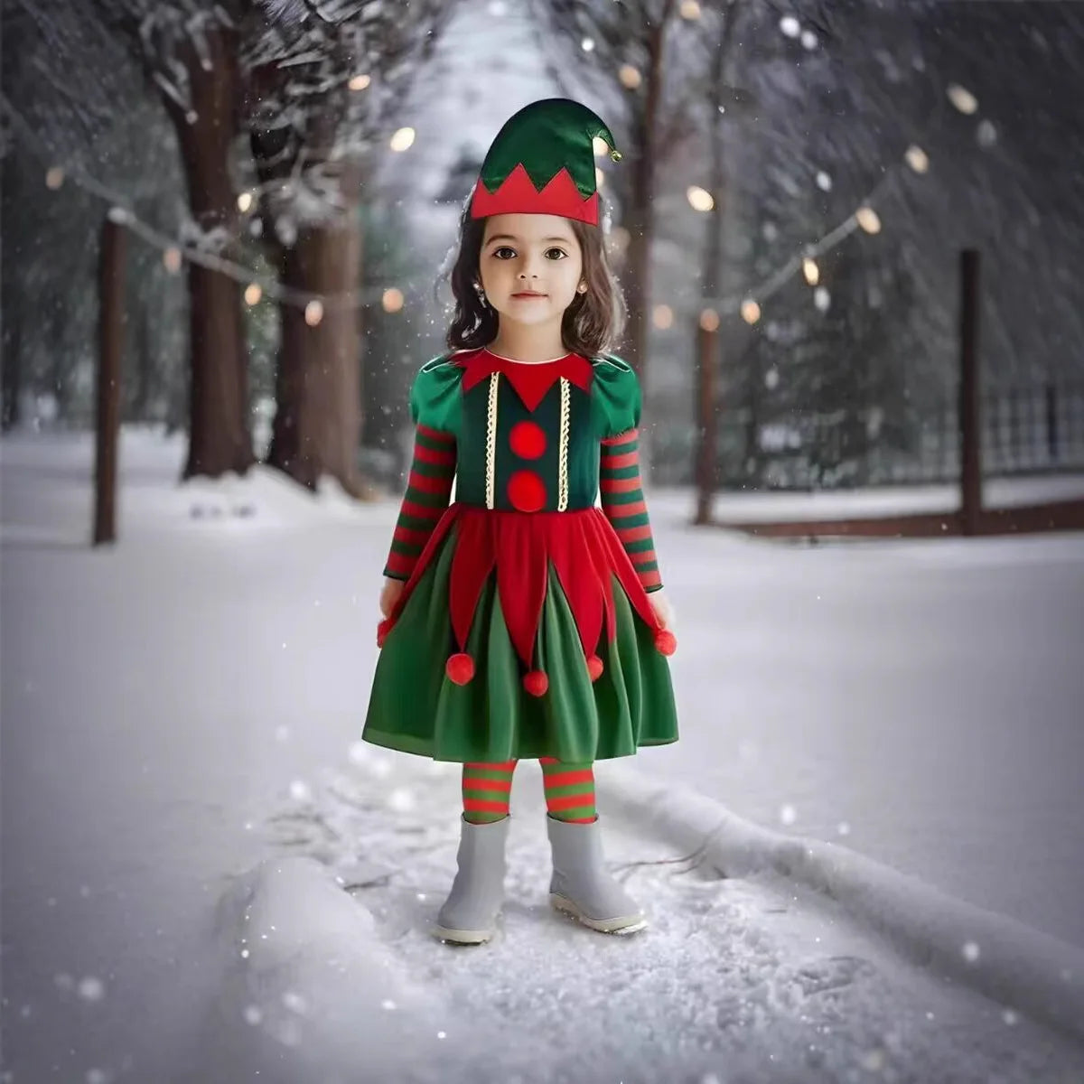 Déguisements de lutin de Noël pour filles et maman, ensemble deux pièces assorti (robe, chapeau, chaussettes, chaussures et ceinture). Cadeau idéal pour les fêtes.