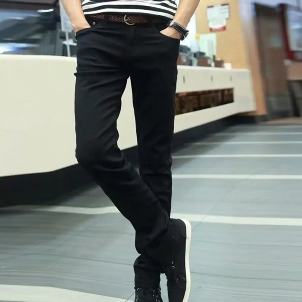 Men Jeans Stretch Skinny Denim Pants Solid Color Black Blue Autumn Summer Luxury Street Harajuku Hip-Hop Style Slim Fit Trousers