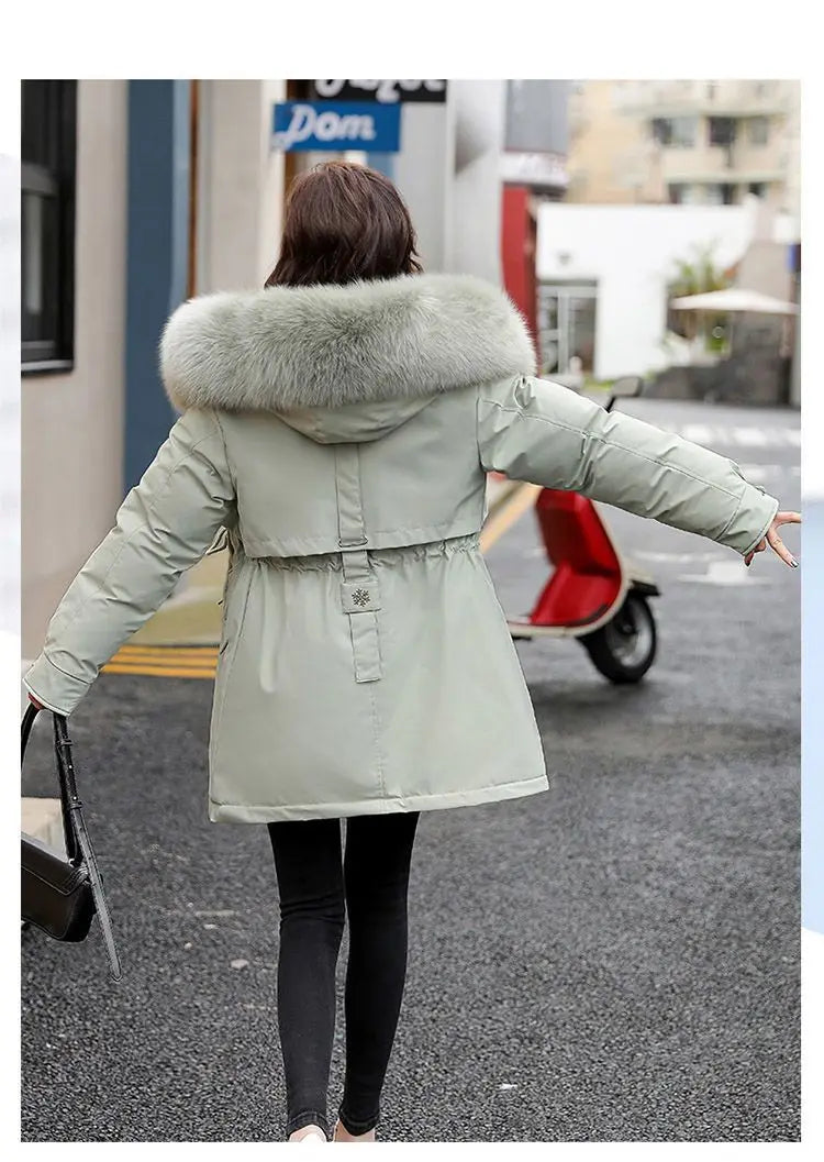 Spring Parkas Women Coats Mid Length Coat Thick Warm Hooded Drawstring Jackets Splice Zipper Tight Waist Jacket Autumn Winter