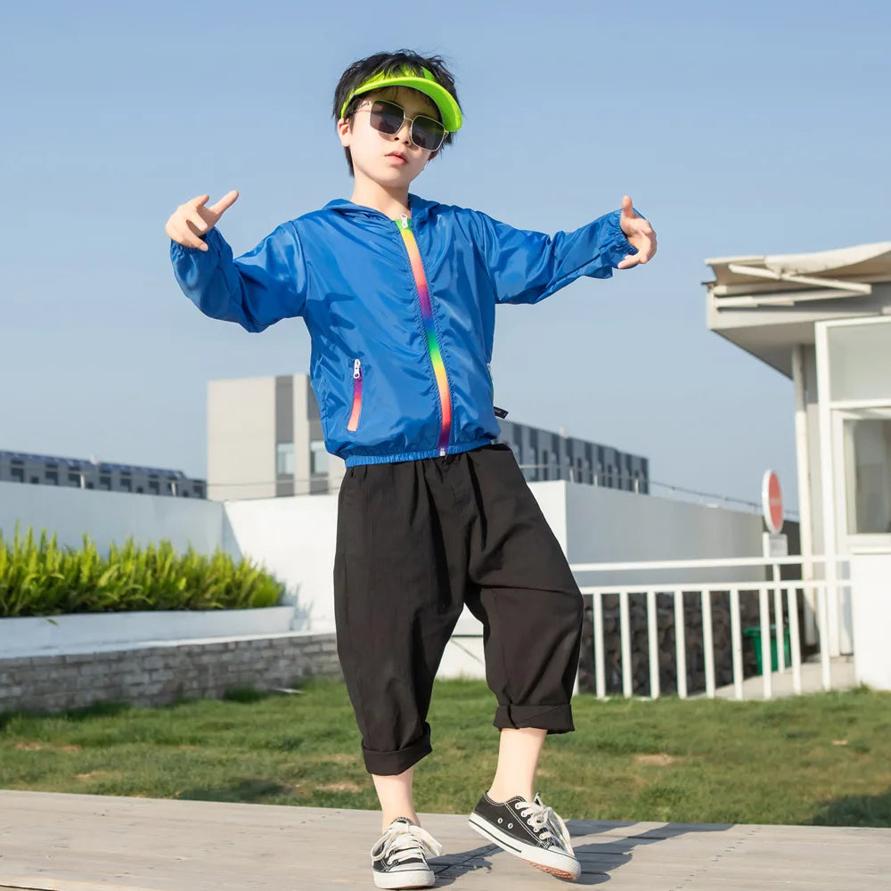 Children's Summer Thin Sun-protective Jacket Boys Girls Breathable Hooded Zipper Solid Lightweight Coat Jackets Clothing