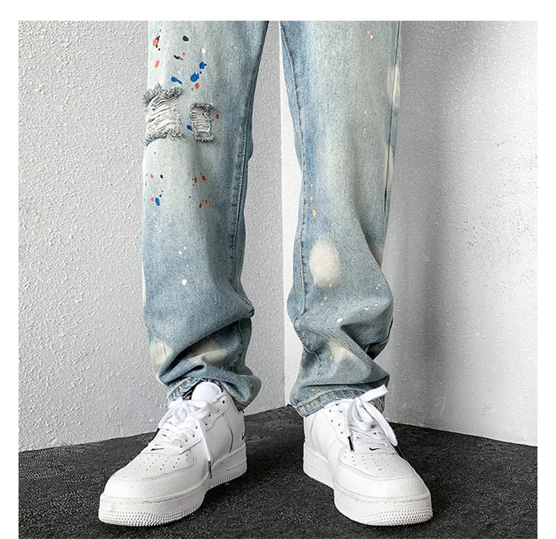 Men's Splashing ink Ripped Baggy Jeans 2024 New Hip Hop Fashion Graffiti Holed Straight-leg Denim Pants Y2k Streetwear Jean
