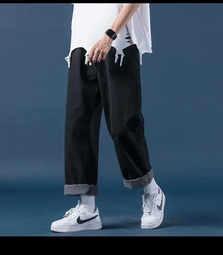 Pantalones vaqueros de mezclilla para hombre, de pierna ancha, largos hasta el suelo, holgados, informales, de cintura alta, lisos, sencillos y rectos, otoño 2024