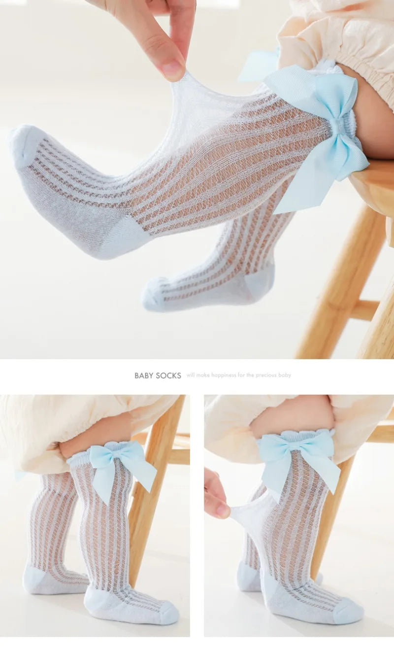 0-2Years Baby Girl Socks with Bow Summer Toddler Baby Cotton Mesh Knee Socks Newborn Infant Non-slip Baby Princess Long Socks