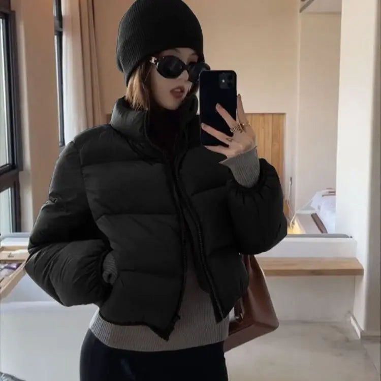 Women's Winter New Solid Color Stand Collar Short Cotton-padded Jacket, Korean Version Loose Casual High Waist  Bread Served