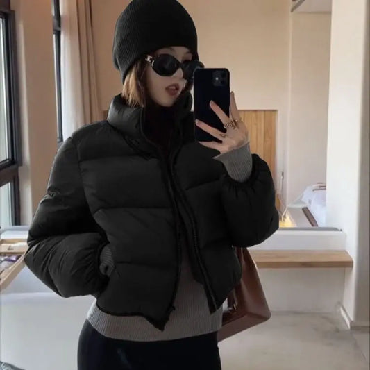 Women's Winter New Solid Color Stand Collar Short Cotton-padded Jacket, Korean Version Loose Casual High Waist  Bread Served