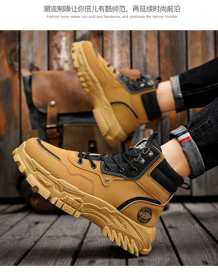 Botas de hombre de algodón, estilo británico, de caña alta, con refuerzos de PU, suela gruesa, cierre de cordones, cómodas y antideslizantes, ideales para deportes de montaña.