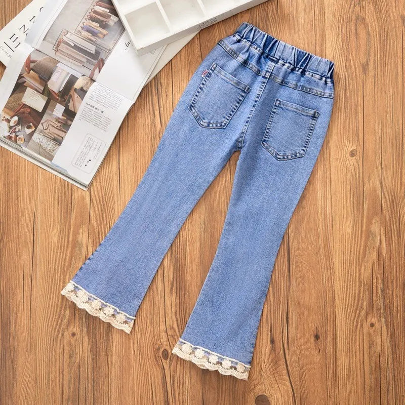 2-12 Year Old Girls Jeans Fashion Lace Elastic Denim Flared Pants Spring Autumn Solid Color Trousers Teenager Kids Girl Clothing