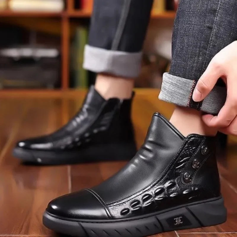 Botas de lujo para hombre, botas de plataforma altas de moda, botas clásicas de cuero para uso casual de negocios, botas de invierno de algodón cálido y afelpado para hombre
