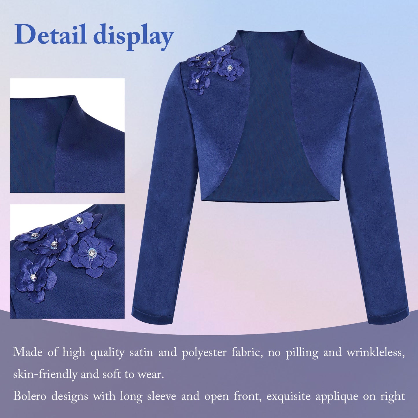 Kids Girls Satin Bolero Jackets Rhinestone Flower Elegant Cardigan Long Sleeve Open Front Shrug Cape Wedding Party Dress Outwear