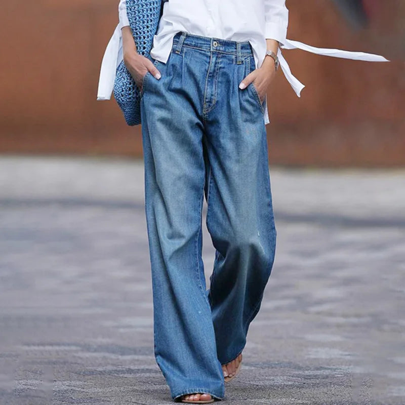 Pantalones vaqueros desgastados de pierna ancha para mujer, de mezclilla, sueltos, de cintura alta, con bolsillos, lavados, con cremallera, bragueta, primavera 2024, color liso, largo completo