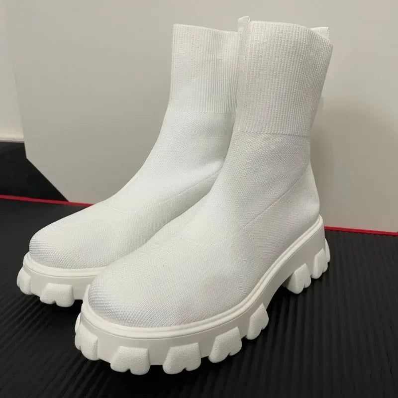 Botas de calcetín para mujer, sencillas, hasta media pantorrilla, ligeras, resistentes al desgaste, informales, con plataforma y sin cordones