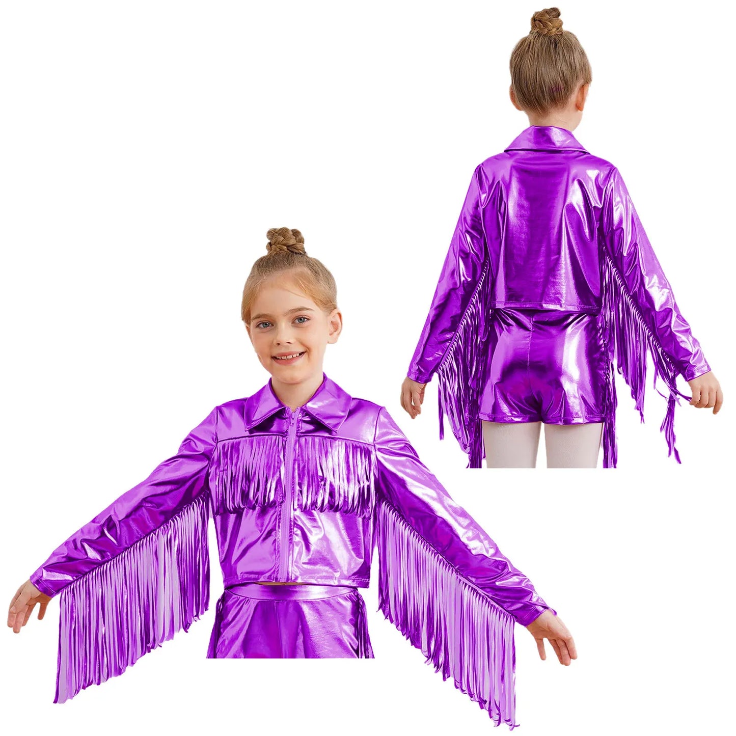 Kids Girls Tassels Metallic Jacket Top Fringe Shiny Turn-Down Collar Long Sleeve Zipper Jacket Coat for Hip Hop Street Dance