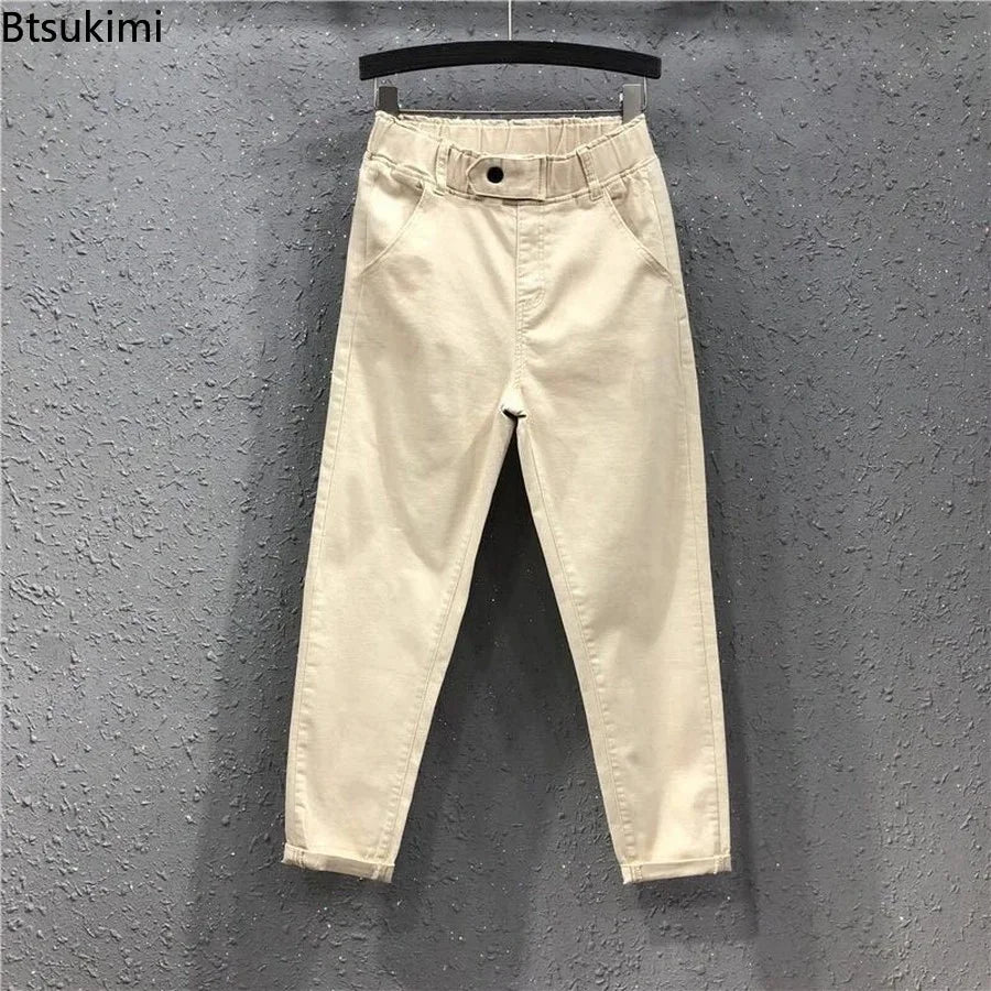 2025 Fashion Summer Women Harem Pants All-matched Casual Cotton Denim Pants Elastic Waist Solid Yellow White Jeans Female 3XL