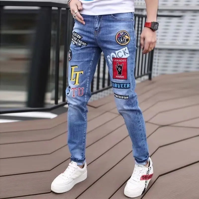Men Jeans Fashion Street Hip-Hop Jeans Male Punk Style Denim Pants Summer Spring Men Stretchy Slim Fit High Quality Mans Jeans