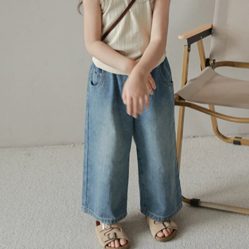 Pantalones vaqueros de cintura alta y pierna ancha para niñas de 3 a 8 años, lisos, con múltiples bolsillos y cintura elástica, pantalones vaqueros casuales de moda para niños.