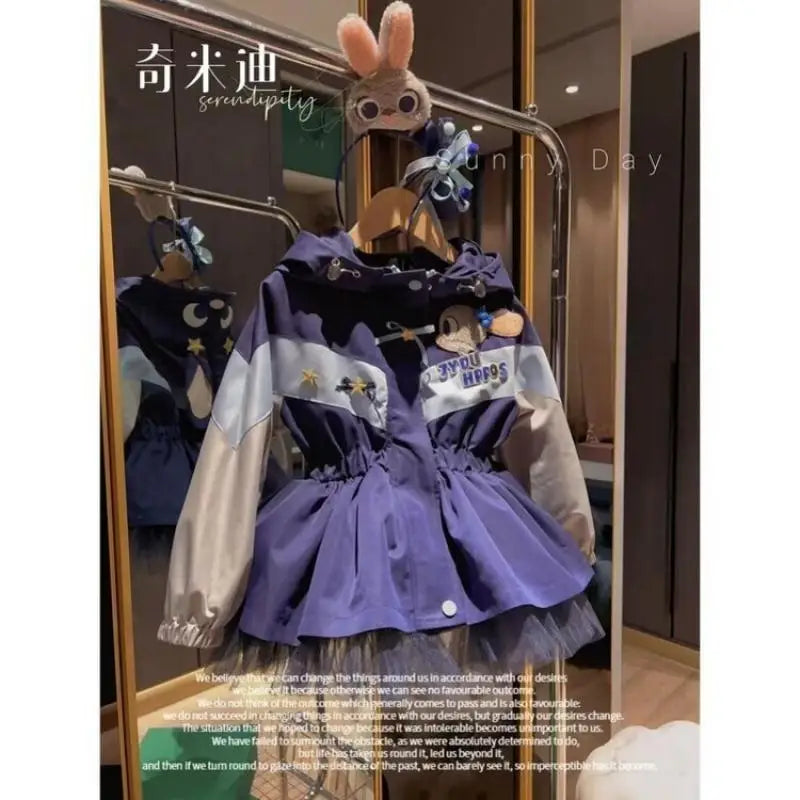 Kawaii Kuromi Cinnamoroll Kids Girls Jacket Autumn New Cartoon Fashion Embroidery Jacket Retract Waist Hooded Outdoor Jackets