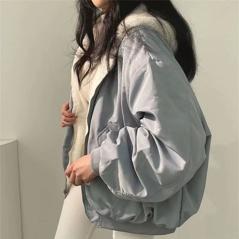 Women Parkas Coat Korean Thick Warm Coats Solid Zipper Hooded Loose Jacket Casual Full Sleeve Regular Splice Pockets Winter