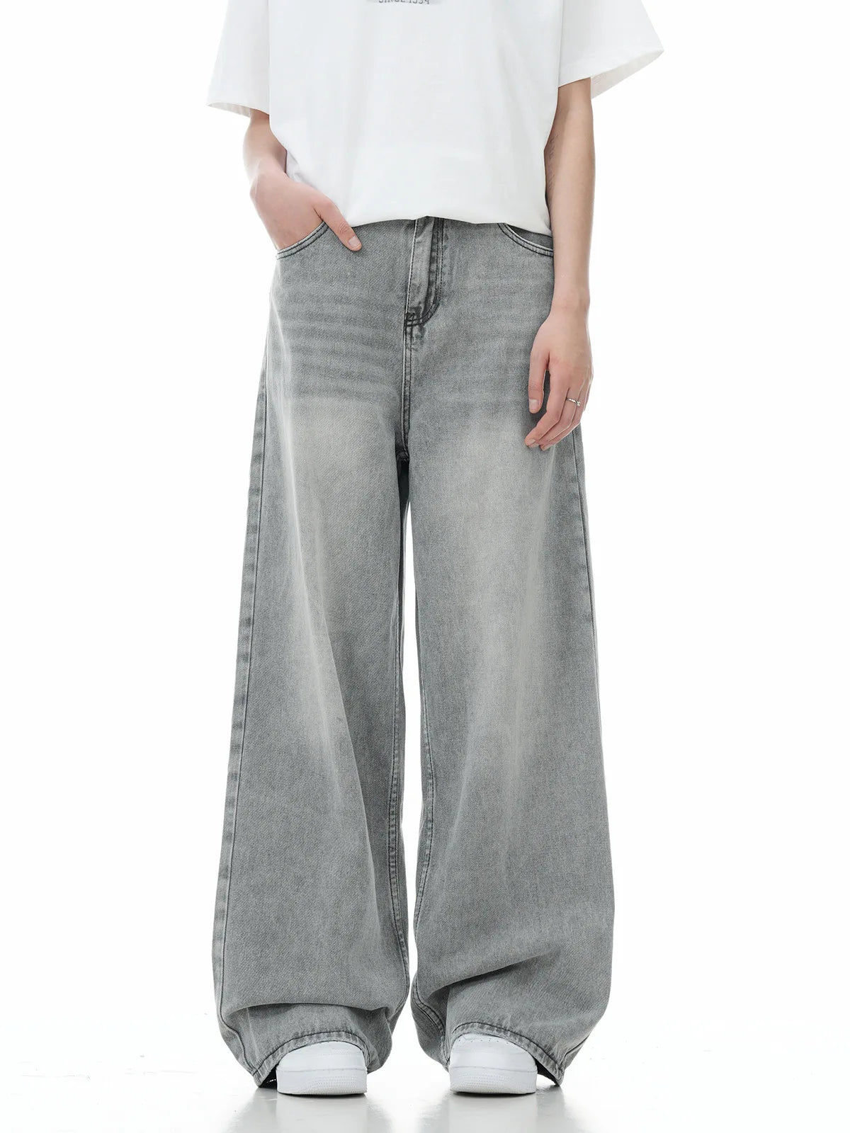Men Floor Length Pant Jeans Denim Wide Leg Pants Loose Casual Straight Trousers Pocket High Waist Splice Autumn Winter