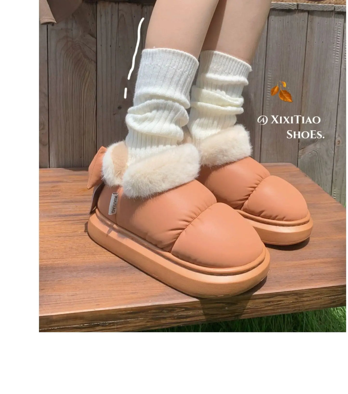 Bow Knot Short Ankle Snow Boots Women Winter Plush And Thick Insulation Waterproof PU Cotton Household Shoes Home Slipper Women
