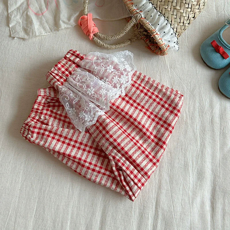 Pantalones de encaje para niñas pequeñas, novedad de 2025, pantalones de malla con costuras para niños, pantalones casuales de princesa con estampado de verano, ropa de moda para niños de 2 a 10 años