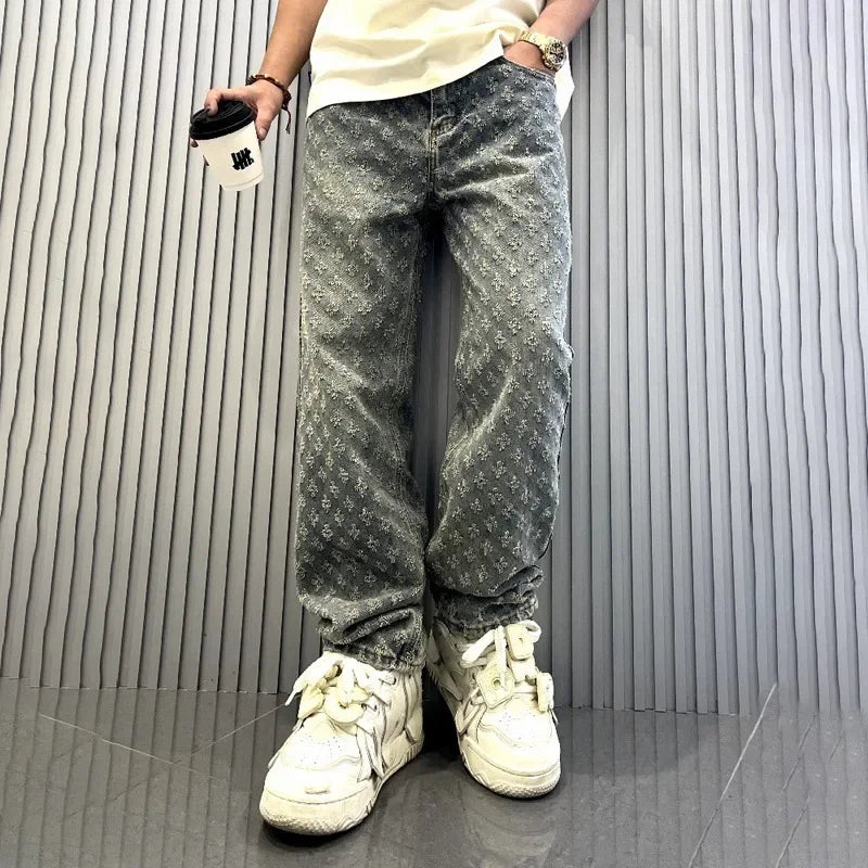 Pantalones vaqueros con estampado jacquard para hombre, rectos, holgados, desgastados y anchos.