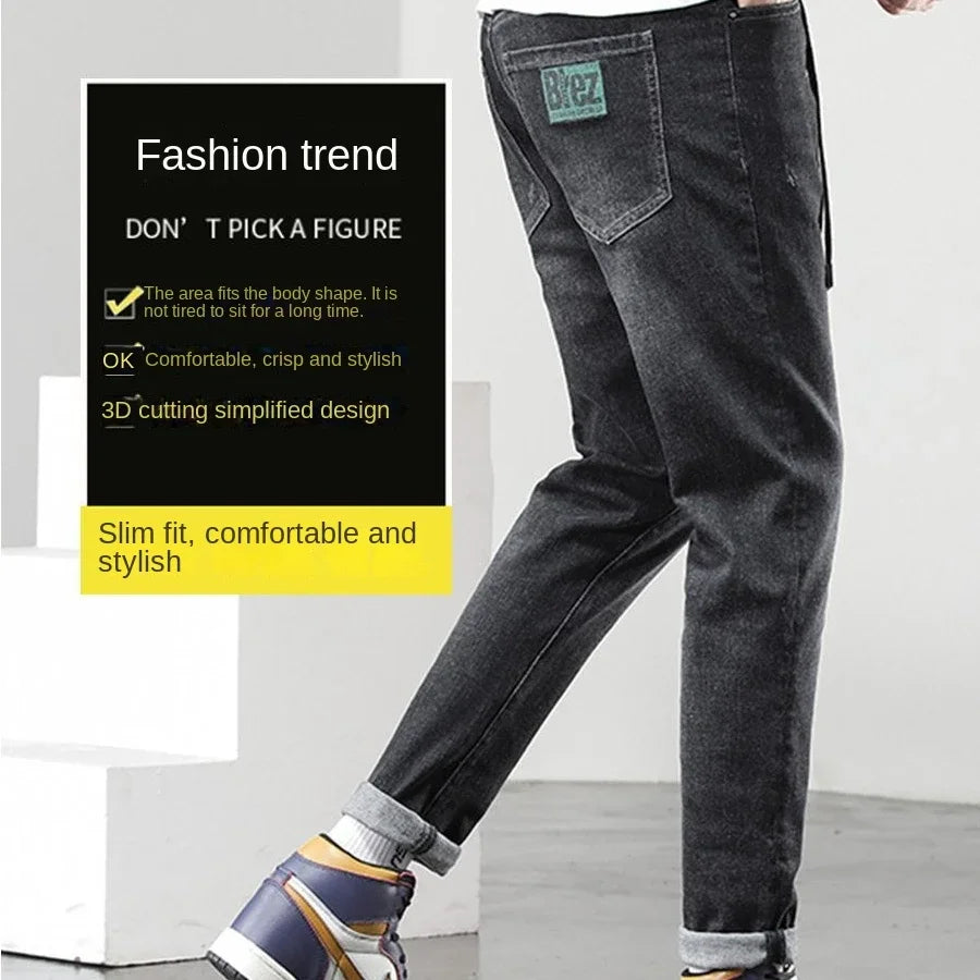 Winter Pants Brushed Denim Fabric Korean Style Clothes Luxury Street Men's Boots Cut Stretch Slim Plush Wool Thicken Jeans Pants
