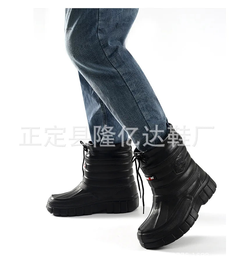 Winter Rain Boots Men Windproof Work Shoes Ankle EVA Rainboots Plush Warm Lightweight Black Slip On Anti-slip Wear-resistant